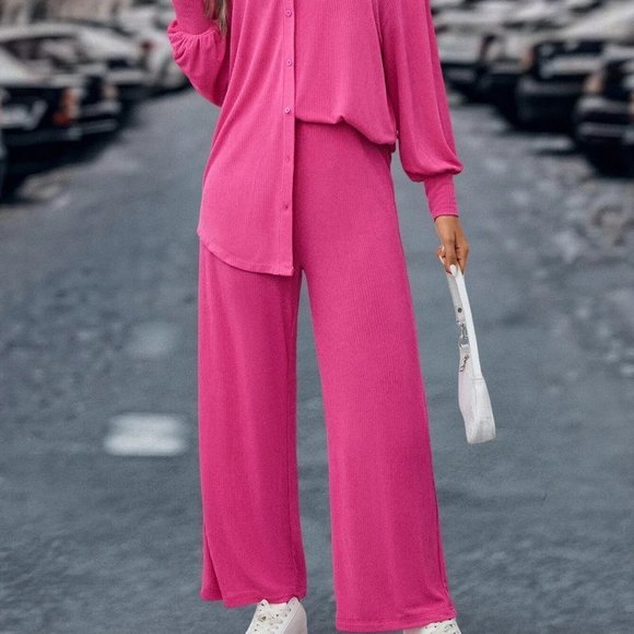 Pink Boho Womens Drop Shoulder Open Front Coat & Cami Top & Pants - Picture 5 of 6